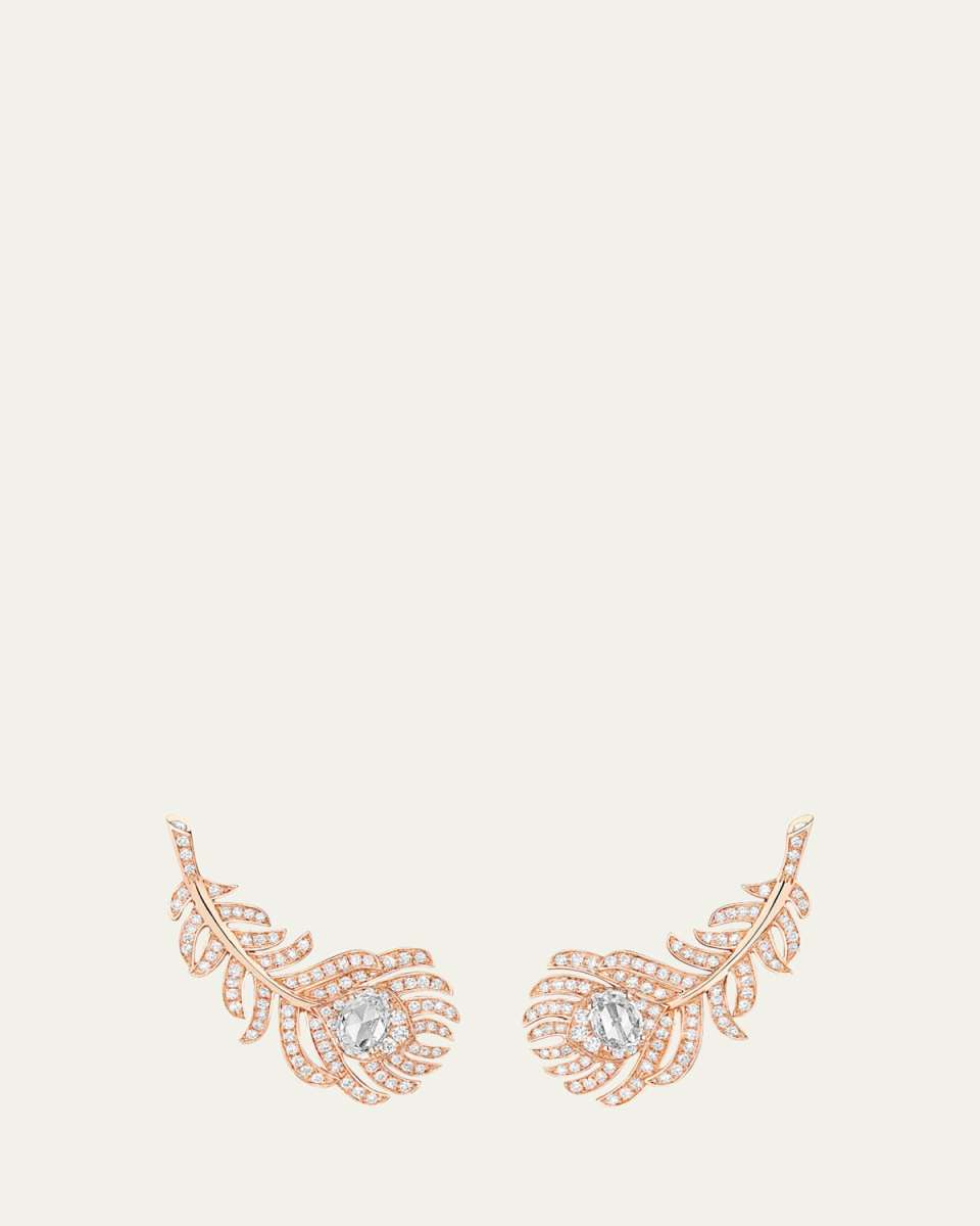 18K Pink Gold Small Clip Plume de Paon Earrings with Diamonds